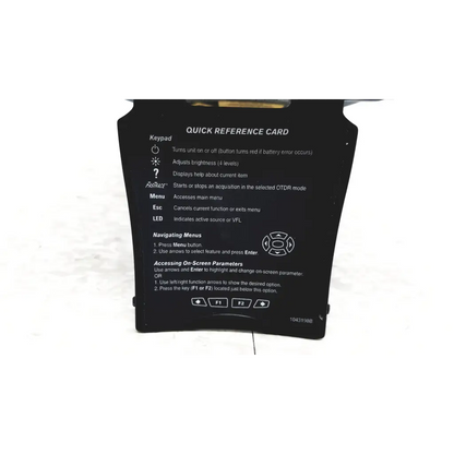 Black quick reference card for fluke fiber optic optical time domain reflectometer in exfo axs-100 otdr unit