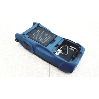 Blue exfo axs-100 fiber optic optical time domain reflectometer with rugged ergonomic design and black labeling panels