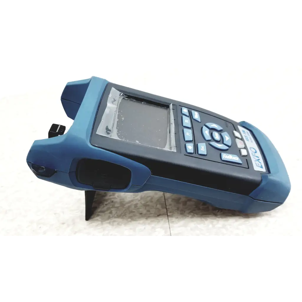 Blue and black exfo axs-100 optical time domain reflectometer with rugged ergonomic design for fiber optic testing