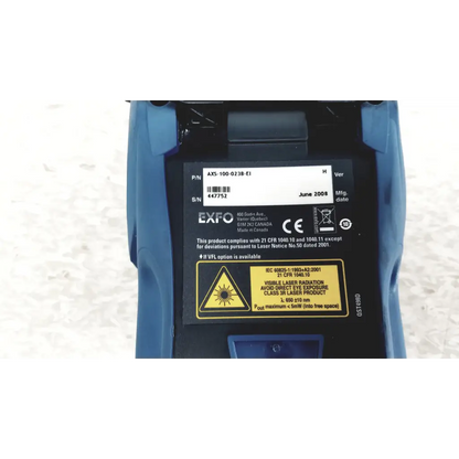 Blue exfo axs-100-023b-ei fiber optic optical time domain reflectometer with black label and yellow warning sticker