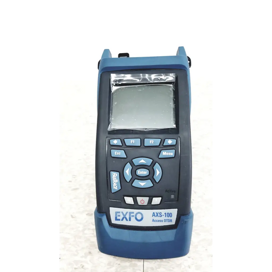 Blue and black exfo axs-100 access handheld optical time domain reflectometer for fiber optic testing and troubleshooting