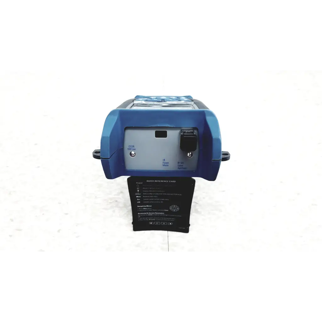 Blue plastic exfo axs-100 optical time domain reflectometer with silver panel and black power switch for fiber optic testing