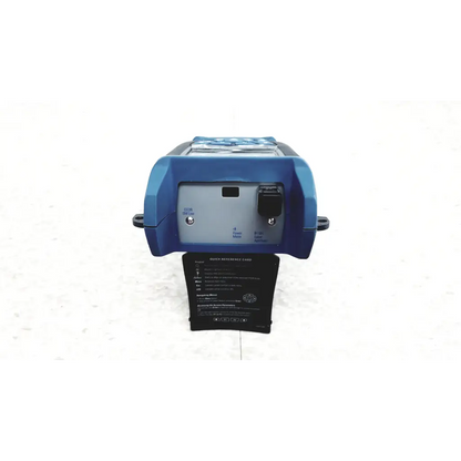 Blue plastic exfo axs-100 optical time domain reflectometer with silver panel and black power switch for fiber optic testing