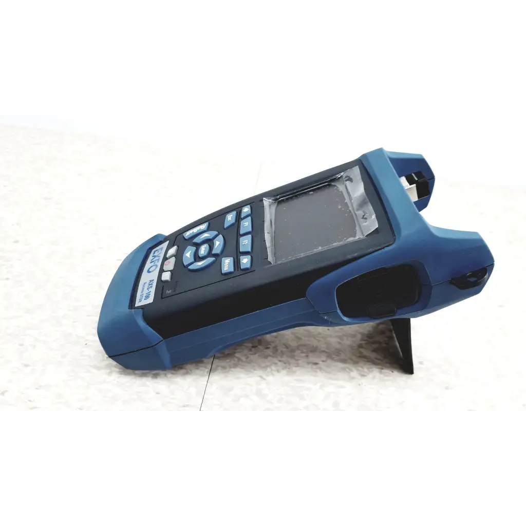 Blue handheld EXFO AXS-100 optical time domain reflectometer with black screen keypad and rugged plastic fiber optic casing