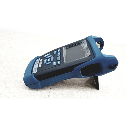 Blue handheld EXFO AXS-100 optical time domain reflectometer with black screen keypad and rugged plastic fiber optic casing