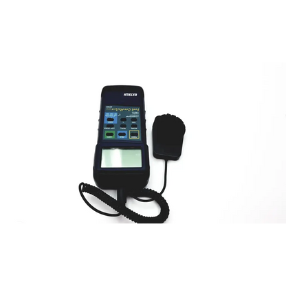 Extech 407026 black handheld digital foot candle meter with coiled cable and attached microphone for light measurement