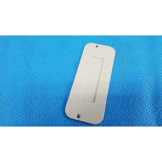 White rectangular metal external base mechanical interface trim cover plate with slot and holes for topcon trc-nw8 camera