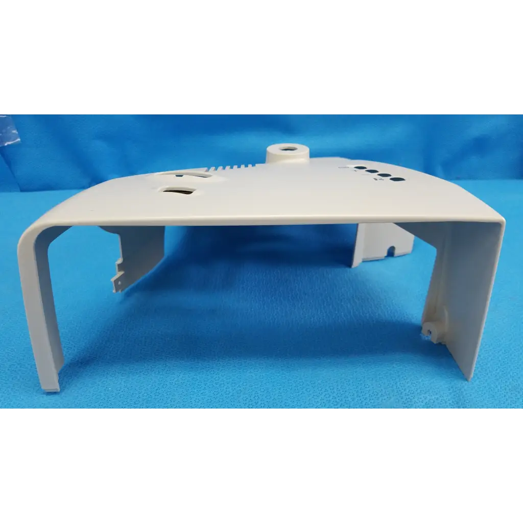 White plastic external main optical body left side shroud housing cover with molded cutouts and cylindrical protrusion