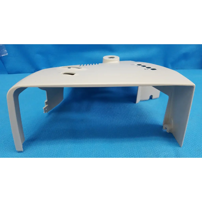 White plastic external main optical body left side shroud housing cover with molded cutouts and cylindrical protrusion