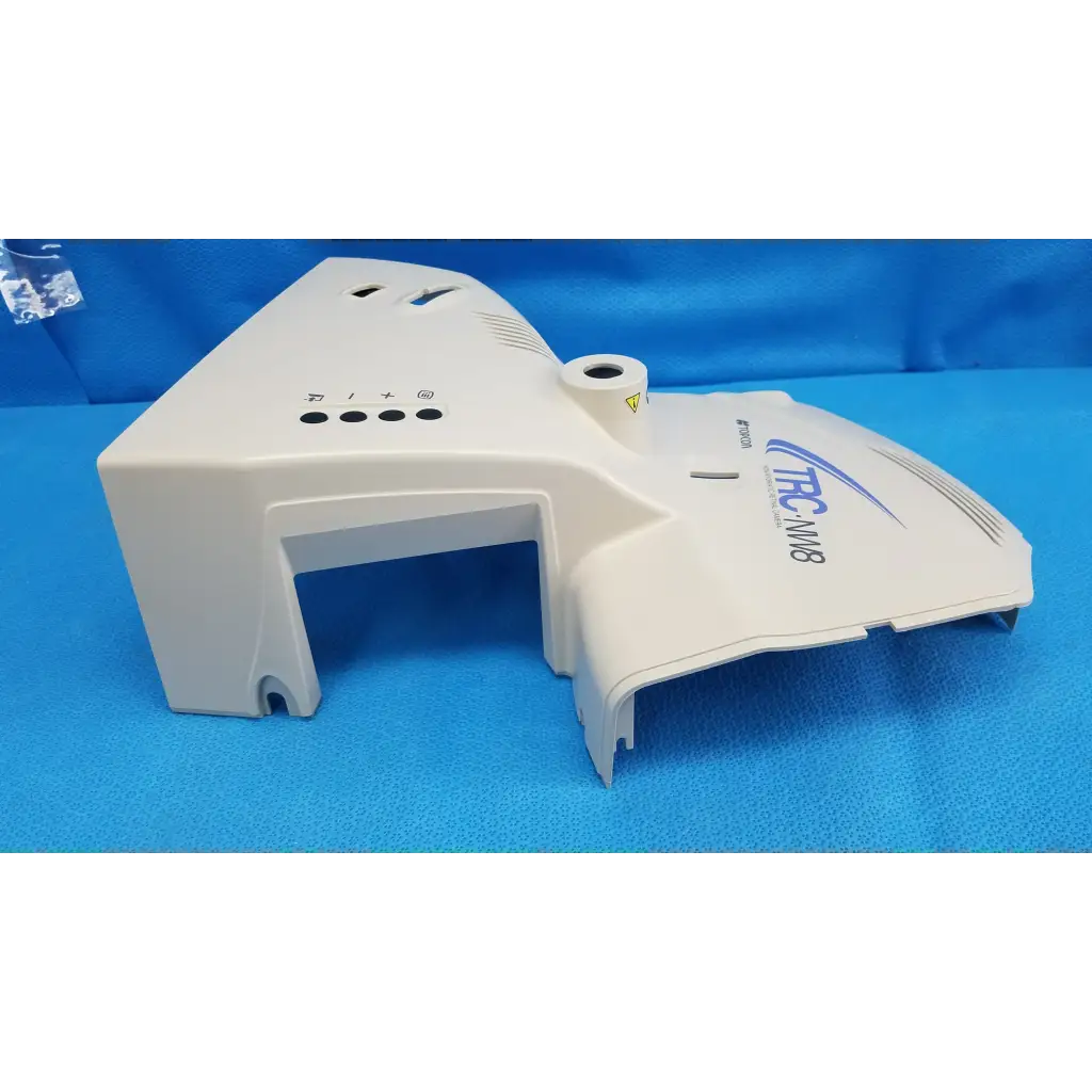 White plastic main optical body housing cover with molded vents and osd button ports for topcon trc-nw8 fundus camera