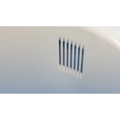 White plastic vent with vertical slats and blue interior on external main optical body side shroud housing cover panel