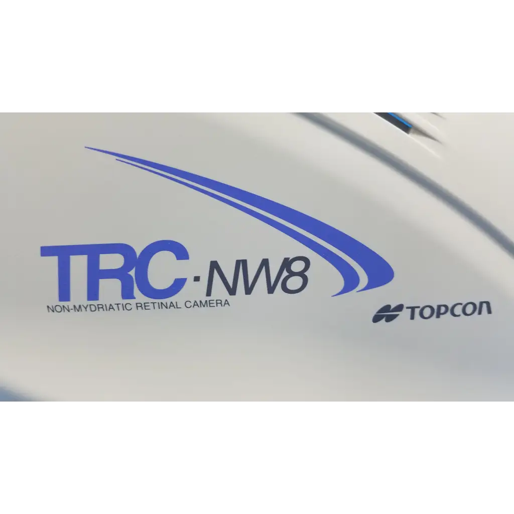 White topcon trc-nw8 retinal camera main optical body side shroud housing cover panel with blue branding and sleek design