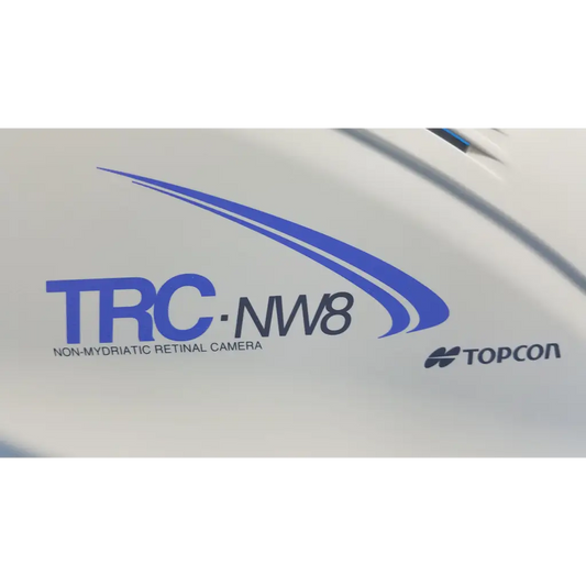 White topcon trc-nw8 retinal camera main optical body side shroud housing cover panel with blue branding and sleek design