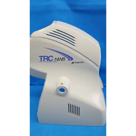 White plastic main optical body side shroud housing cover panel with blue logo for topcon trc-nw8 fundus retinal camera