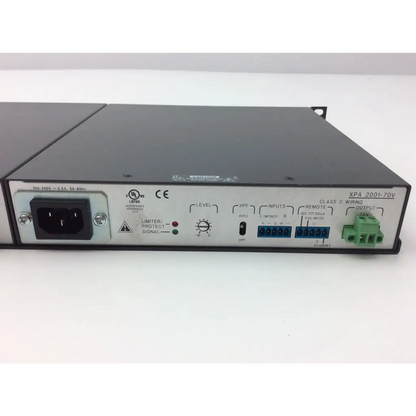 Black metal rack-mount extron xtra xpa 2001 power amplifier with labeled inputs outputs and control knobs on front panel