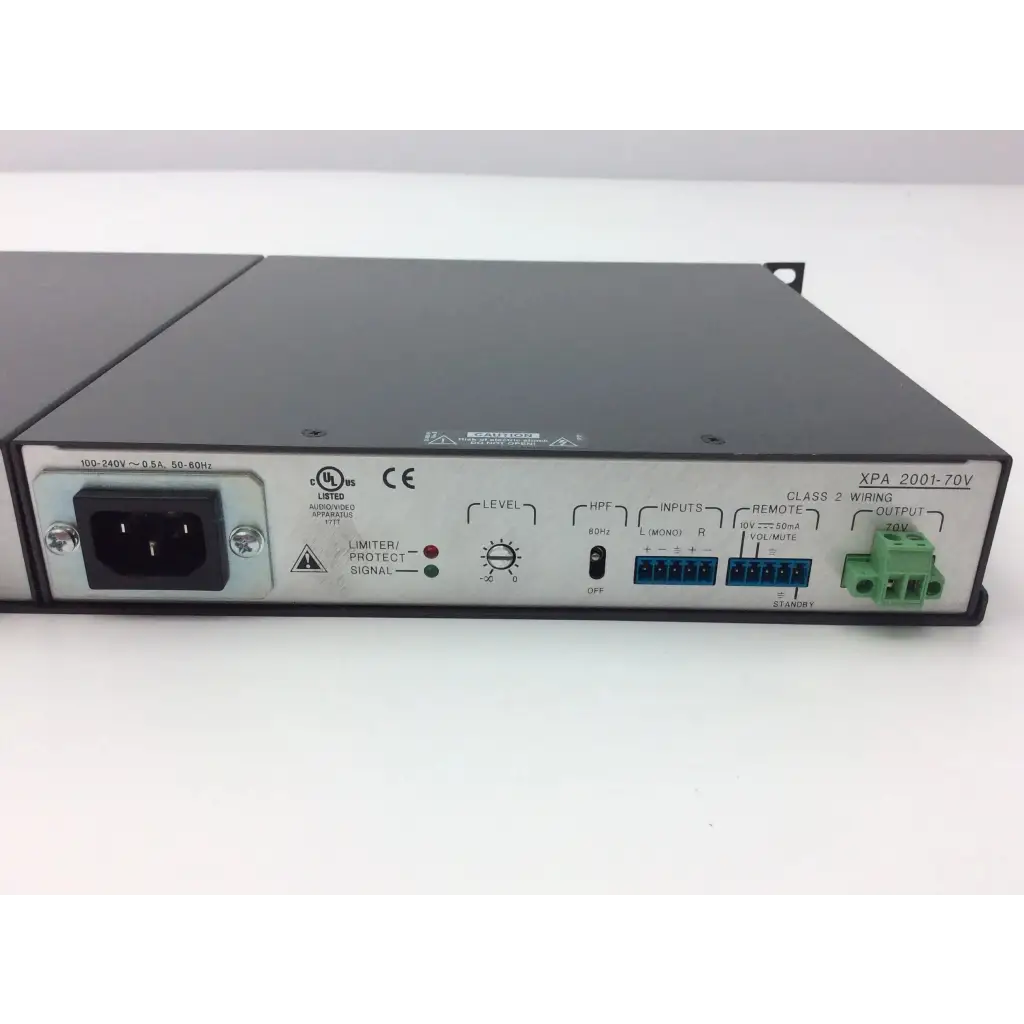 Black metal rack-mount audio power amplifier with labeled inputs outputs and control knobs extron xtra xpa 2001 power amplifier