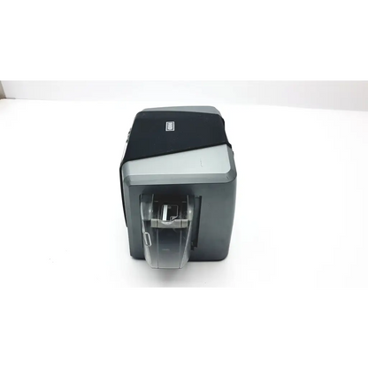 Fargo dtc 1000 color id badge card printer in black and gray plastic with transparent output slot visible