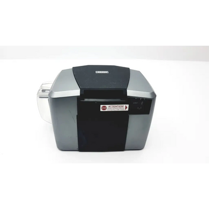 Gray and black fargo dtc 1000 color id badge card printer with clear plastic gfi cash dispenser compartment on side