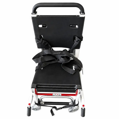 Black padded seat and backrest with adjustable straps on lightweight aluminum frame with red accents and caster wheels for ferno 59-e ez-glide evacuation chair