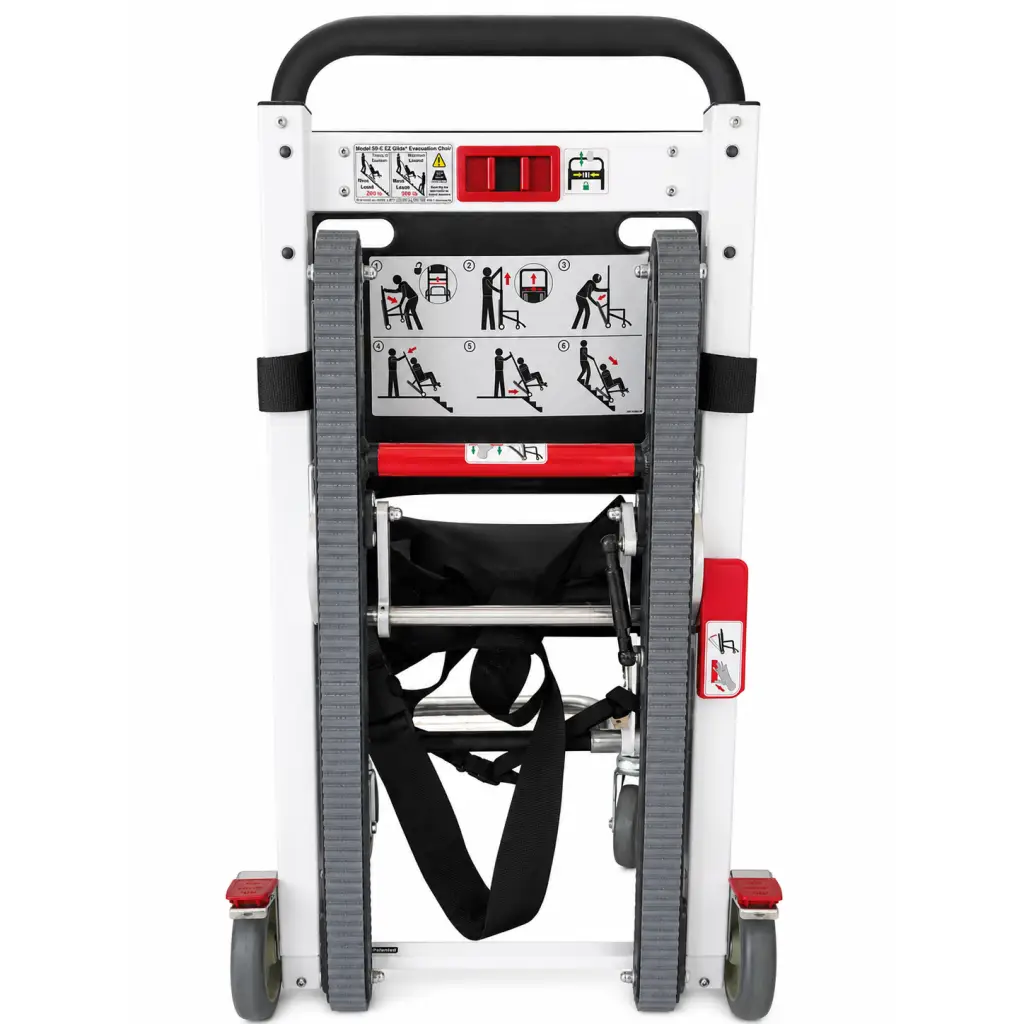 Ferno 59-e ez-glide evacuation chair with white and red foldable stretcher, black straps, and gray side rails for easy transport