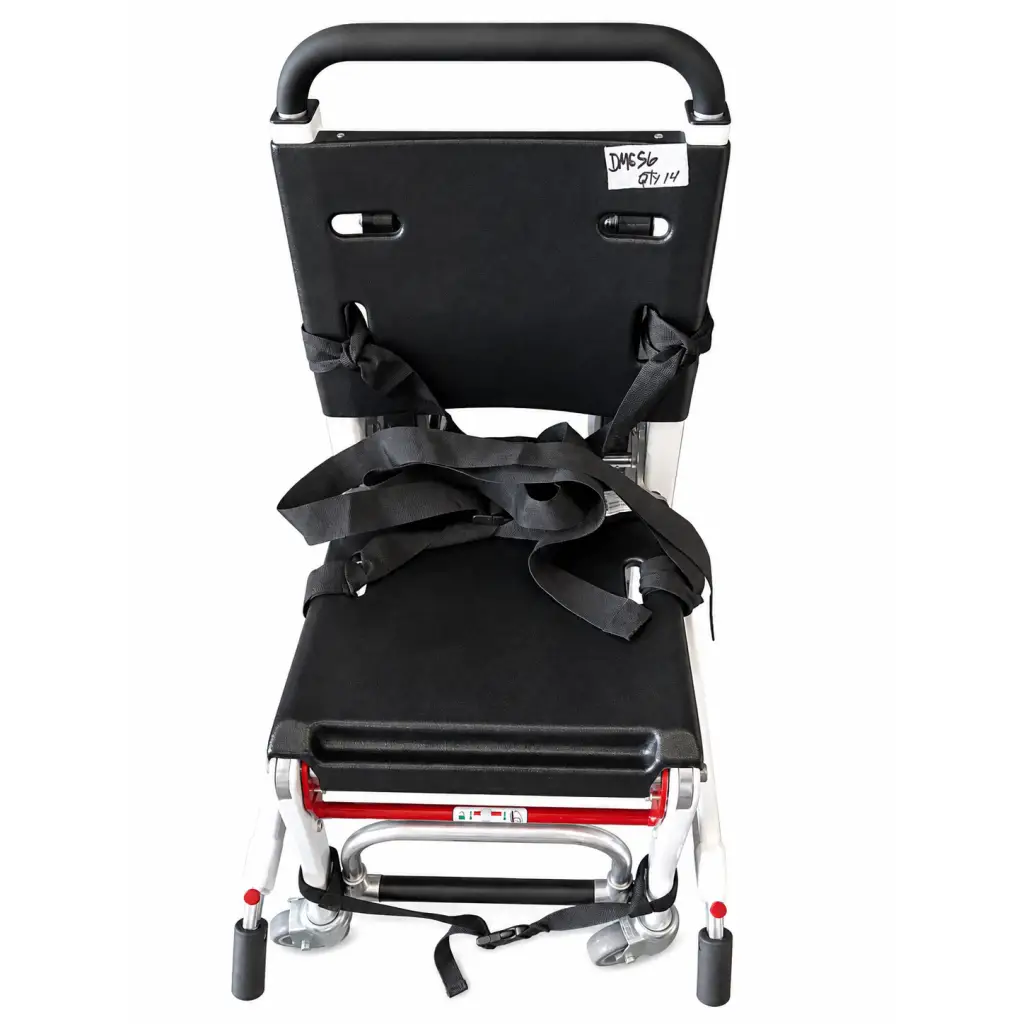 Ferno 59-E ez-glide evacuation chair with black and silver aluminum frame, red accents, padded seat, and black webbing straps