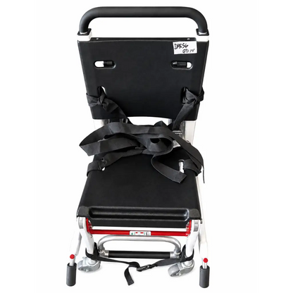 Ferno 59-E ez-glide evacuation chair with black and silver aluminum frame, red accents, padded seat, and black webbing straps