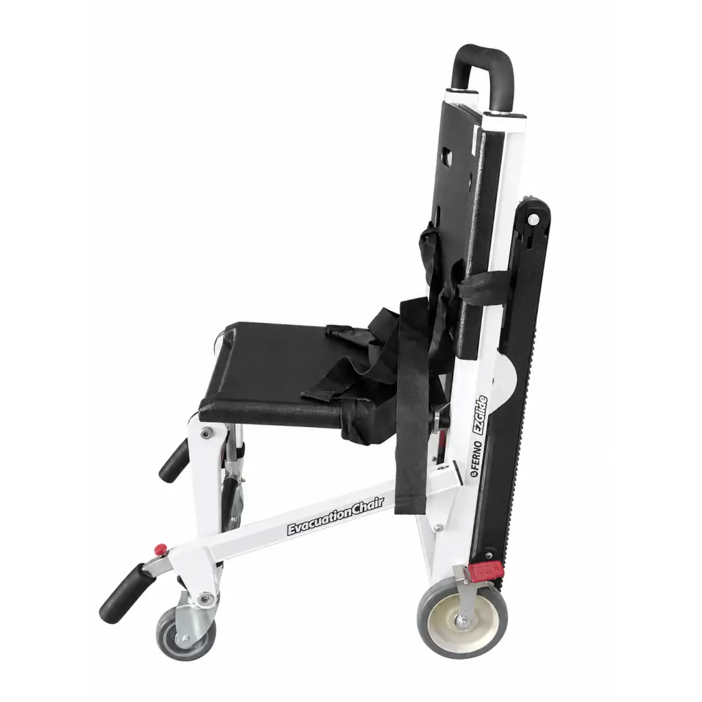 Ferno 59-e ez-glide evacuation chair in white and black with padded seat, adjustable straps, and four caster wheels