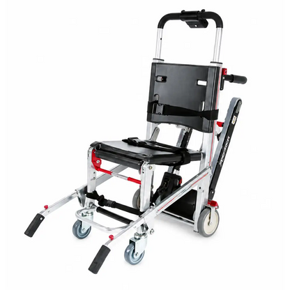 Ferno model 59-t ez-glide evacuation stair chair with silver and red aluminum frame and black padded seat