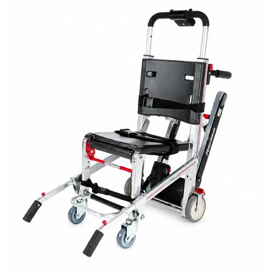 Ferno model 59-t ez-glide evacuation stair chair with silver and red aluminum frame and black padded seat