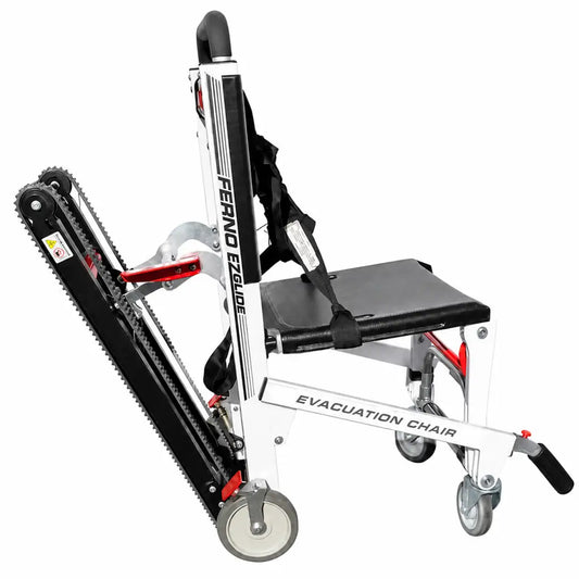 Ferno model 59-T ez-glide evacuation stair chair with padded seat, adjustable backrest, wheeled base, white and black with red accents