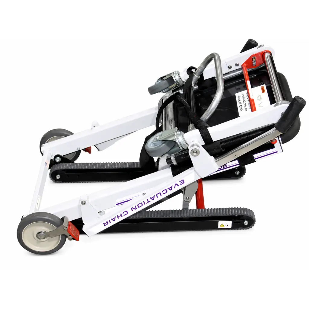 Ferno model 59-T EZ-Glide white and black evacuation stair chair with red accents and rubber wheels designed for safety