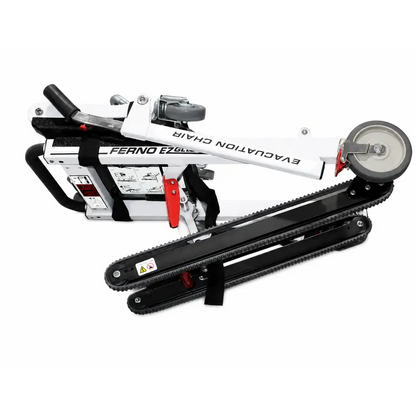 Ferno model 59-t ez-glide evacuation stair chair in white black with red accents and telescoping wheeled base