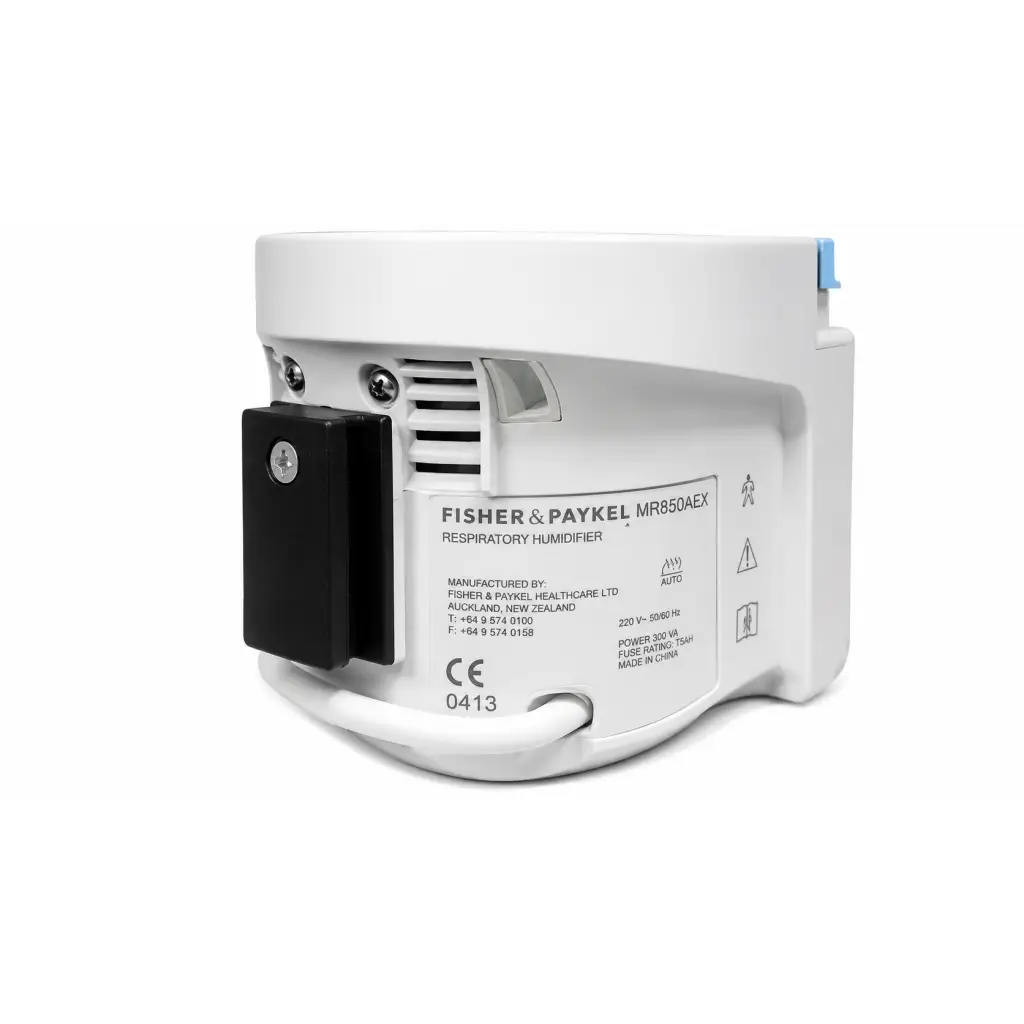 White fisher and paykel mr850aex respiratory humidifier with black mounting bracket and blue power button for repair service
