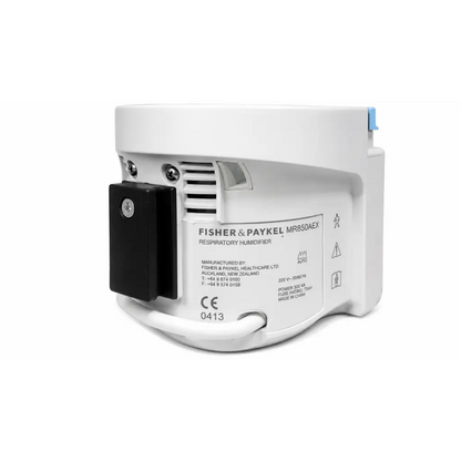 White fisher and paykel mr850aex respiratory humidifier with black mounting bracket and blue power button for repair service