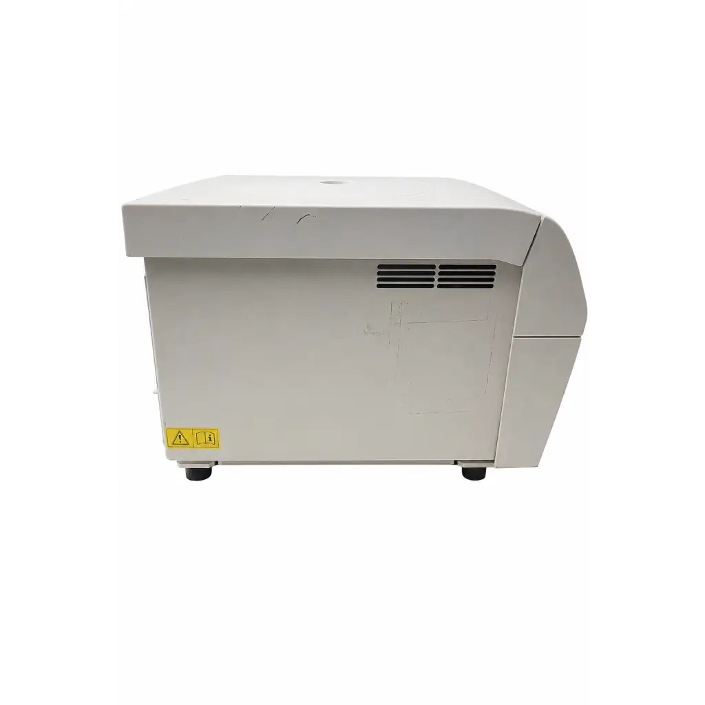 White plastic fisher scientific accuspin 24c clinical centrifuge with black feet and yellow warning label on side