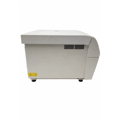 White plastic fisher scientific accuspin 24c clinical centrifuge with black feet and yellow warning label on side