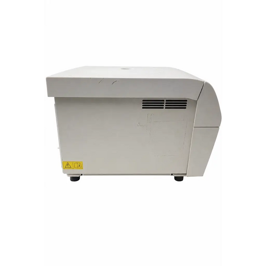 White plastic fisher scientific accuspin 24c clinical centrifuge with black feet and yellow warning label on side