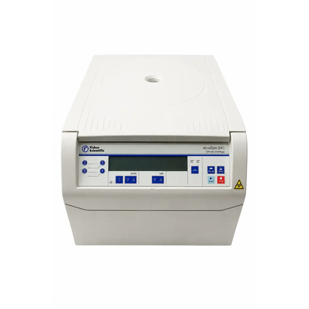 White fisher scientific accuspin 24c clinical centrifuge with blue-lit control panel and digital display for lab use