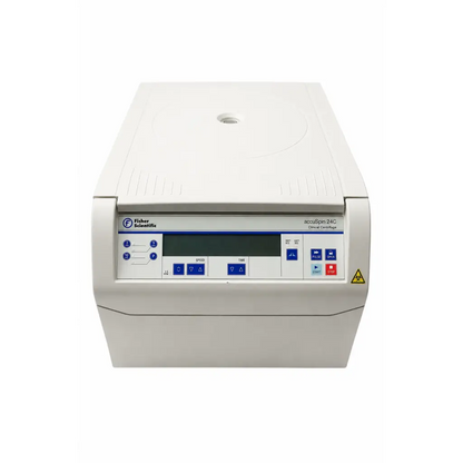 White fisher scientific accuspin 24c clinical centrifuge with blue-lit control panel and digital display for lab use