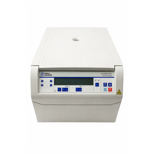 White fisher scientific accuspin 24c clinical centrifuge with blue-lit control panel and digital display for lab use