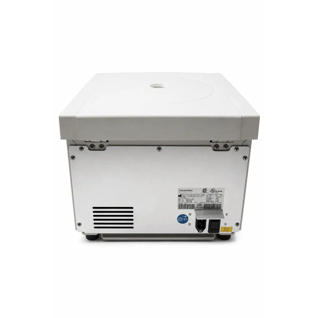 White fisher scientific accuspin 24c clinical centrifuge with rectangular lid and ventilation slits on back panel