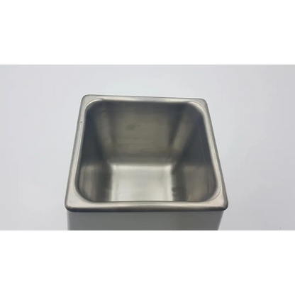 Stainless steel square container with rounded corners and reflective finish in fisher scientific fs20 ultrasonic cleaner
