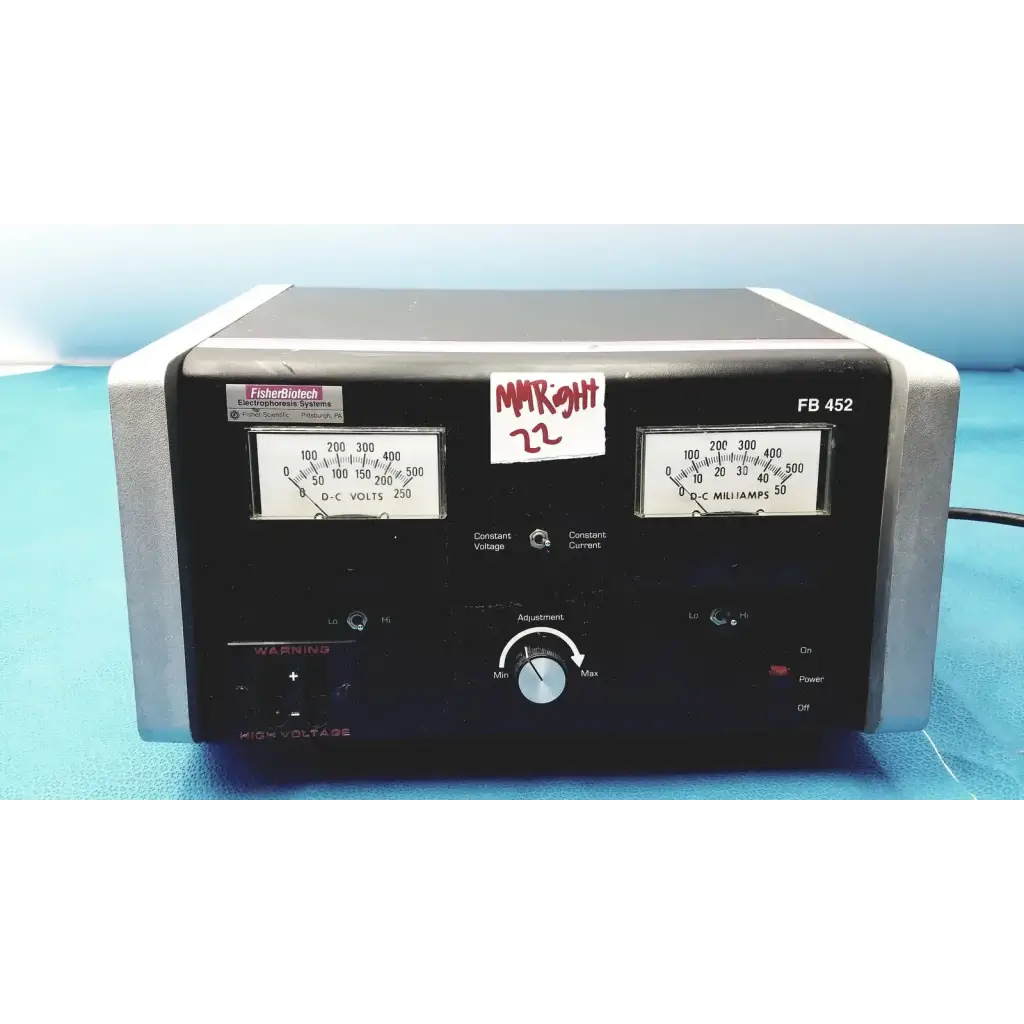 Black and silver Fisherbrand FB 452 electrophoresis power supply with dual analog meters for voltage and current measurement