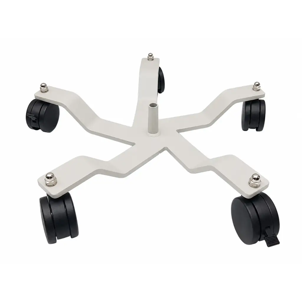 White metal five-leg rolling medical equipment stand base with four black swivel caster wheels biomed certified