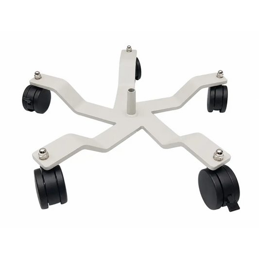White metal five-leg rolling medical equipment stand base with four black swivel caster wheels