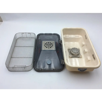 Beige plastic and black translucent riley medical flashpak 20 sterilization container with metal components and lid aci-92 127231nj