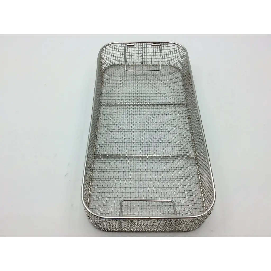 Stainless steel mesh basket with three compartments and reinforced handles for riley medical flashpak sterilization container