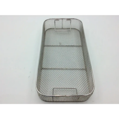 Stainless steel mesh basket with three compartments and reinforced handles for riley medical flashpak sterilization container