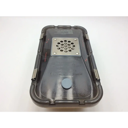 Dark gray transparent waterproof phone case with silver perforated panel and circular button for riley medical sterilization container lid aci-92 127231nj