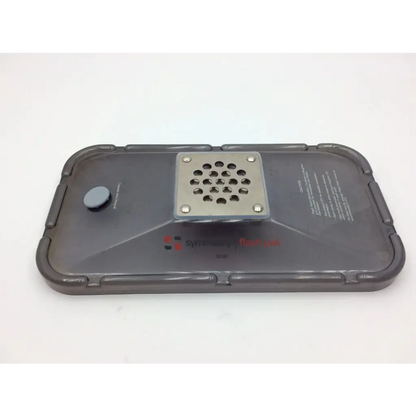 Gray plastic sterilization container with silver metal vent panel and circular button by riley medical lid aci-92 127231nj